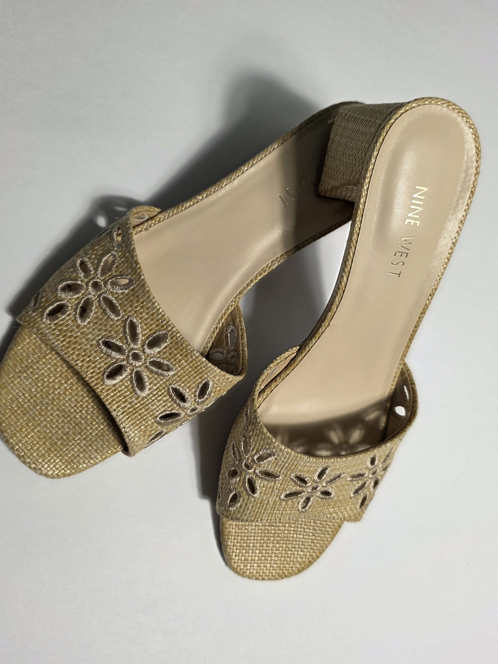 Nine West Tan Floral Embroidered Slide Heels